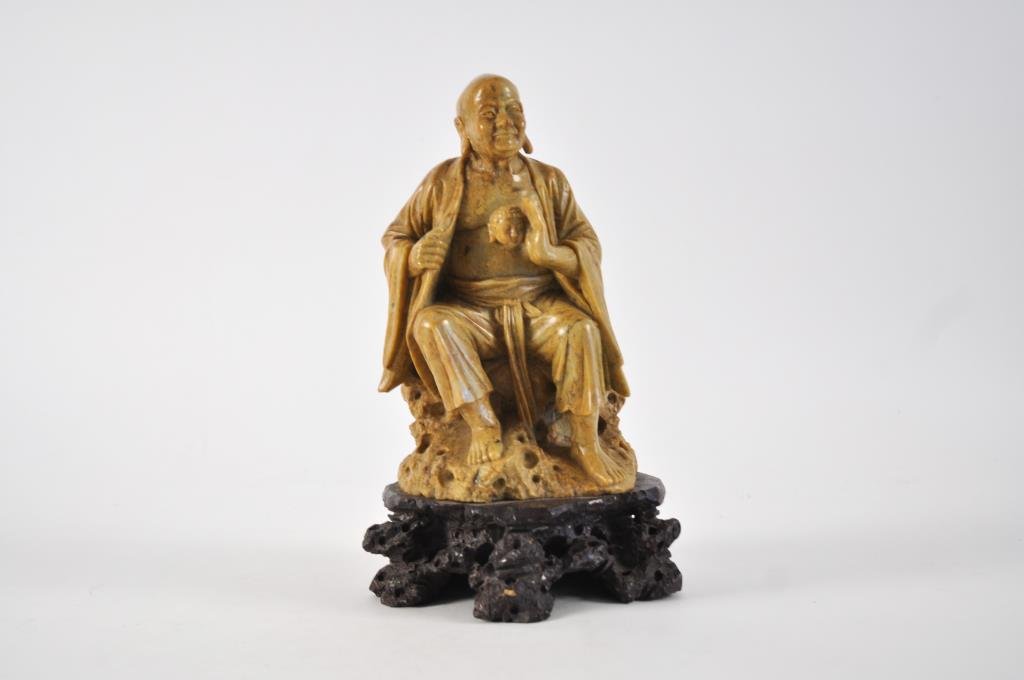 CHINESE CARVED SOAPSTONE FIGURE: Dimensions: H 10.5" x W 6.5" x D 5"Condition: good