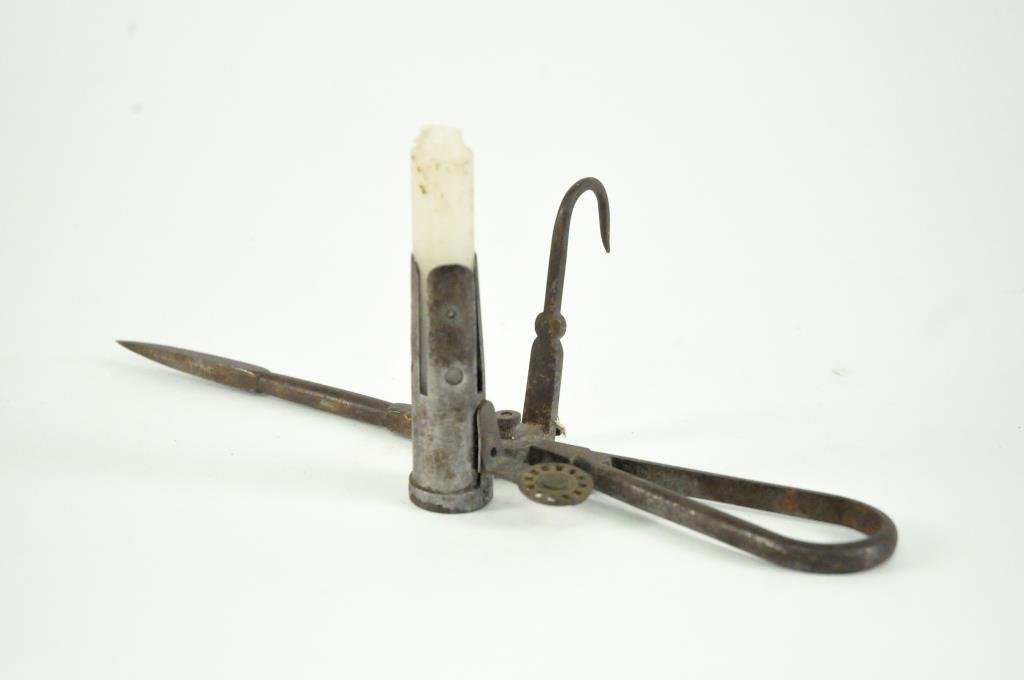 EARLY MINERS CANDLE LAMP: Dimensions: H 5" X W 12" X D 4"Condition: Good