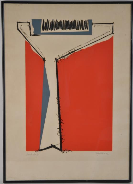 TONY GILBERTO ( 20TH CENTURY): Untitled ( red, blue and black ),1972Color Silkscreen, artist proof, signed lower Dimensions: Frame: H 29.5" x W 23.5" Sight: H 20.75" x W 15.75"Condition: fair, water stains on the bottom and some fo