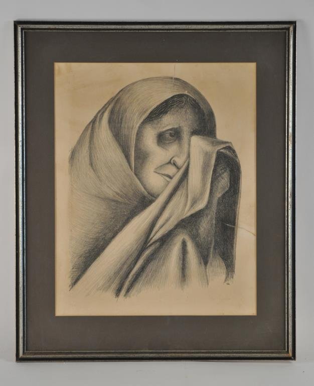 JOSE IGNACIO AGUIRRE (MEXICAN 1902-1990): Untitled ( portrait of a peasant woman)Lithograph on paper, edition 6/13, signed lower right Dimensions: Frame: H 26.5" x W 22" Sight: H 19.75" x W 15.75"Condition: fair, surface dirt and stains on th