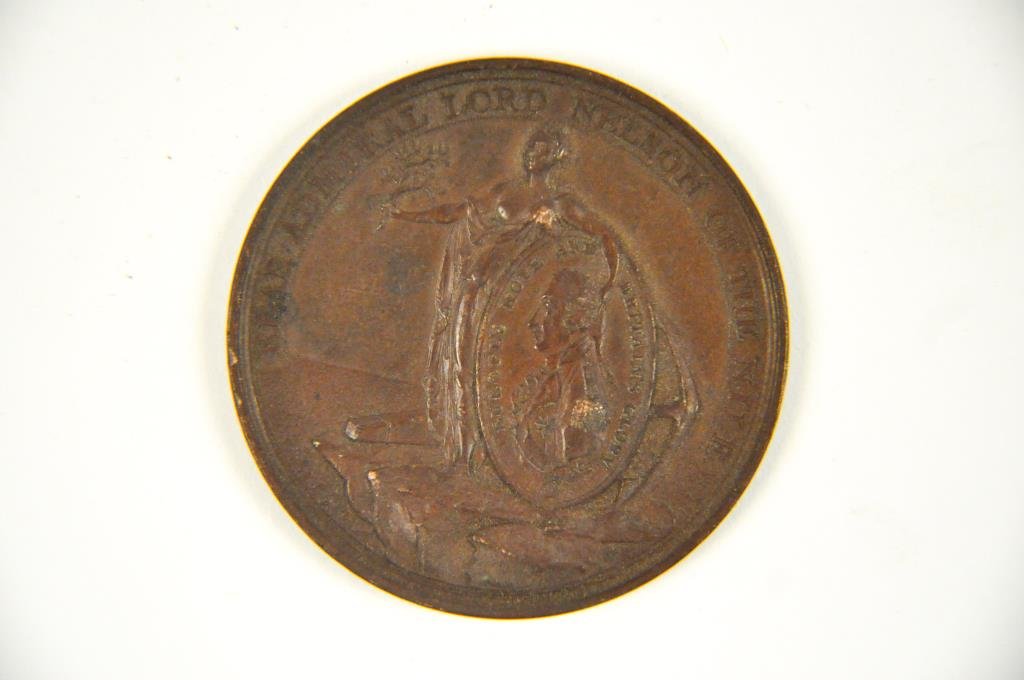 ADMIRAL LORD DAVIDSON'S NILE BRONZE MEDAL: Obv. Hope standing, Oval medallion of Nelson REAR ADMIRAL NELSON OF THE NILERev. British fleet preparing to engage the FrenchEdge " A TRIBUTE OF REGARD FROM ALEX DAVIDSON ESQ. ST JAMES SQUARE "Dimensi