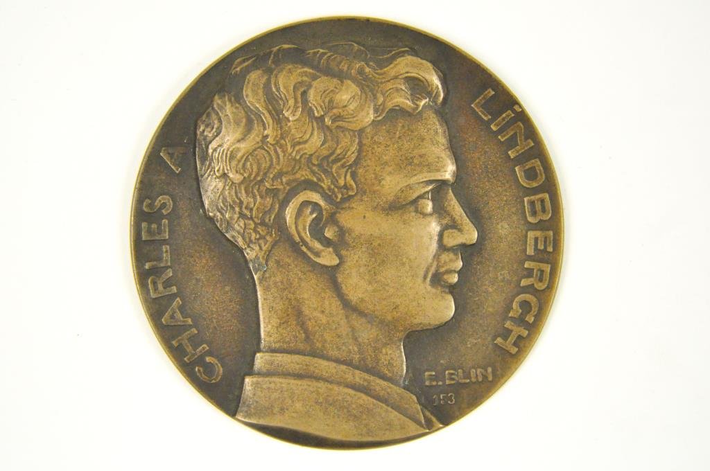 CHARLES A.LINDBERGH MEDAL: Sculptor: E. Blin. Inscribed Charles A Lindberg. E Blin 153. Spirit of St. Louis. New York May 20, 1927. Paris May 21, 1927. In thirty three hours thirty minutes. H Teterger, editeur. E Blin, sculpteu