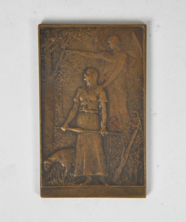DANIEL DUPUIS, JEANNE D'ARC 1883 BRONZE MEDAL: Obverse: Inscribed Jeanne D'arc Liberatrice du Territoire. AL. Inscribed bronze to bottom. Reverse: Picture of a woman with a spear and an angel with a hand on woman's shoulder. They're surrounded by 