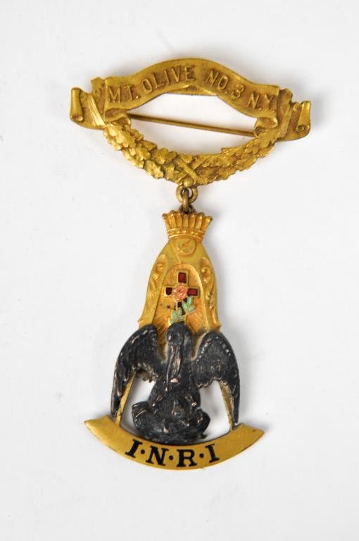 MASONIC MEDAL MT OLIVE NO 3 NY W ENAMEL: Knight of Rose CroixDimensions: H 3.5" X W 2"Condition: good, normal wear