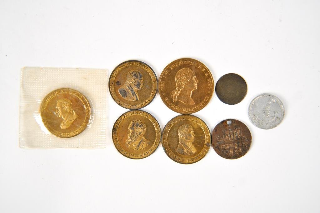 POLITICAL TOKEN GROUP: Including George Washington, John Quincy Adams, Benjamin Harrison, and James MonroeDimensions: Washington: dia 1"Condition: good, some tarnishing to metal