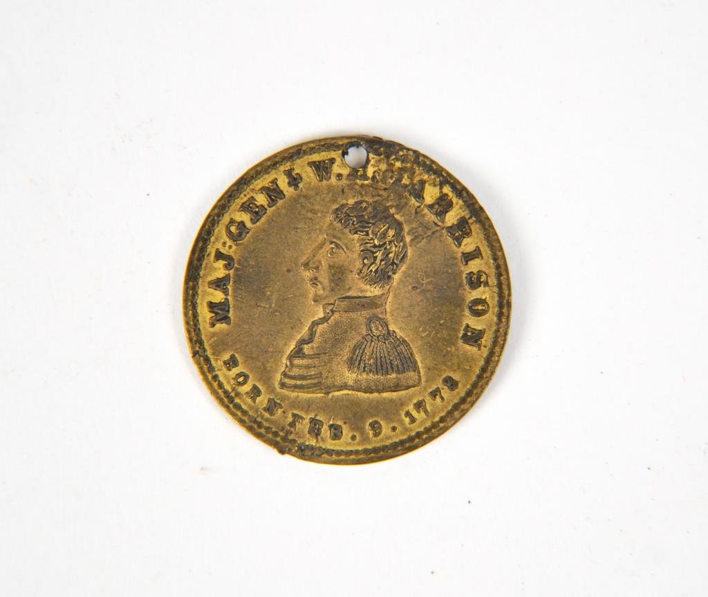MAJ. GEN. W HARRISON POLITICAL TOKEN: "Weighed in the balances and found wanting"Dimensions: dia 1"Condition: some tarnishing to metal, dent near drilled hole at top