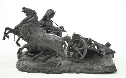 ANTONIO VANETTI (ITALIAN 1881-1962) BRONZE: ROMAN CHARIOTEER Bronze, signed lower back to the base. A VANETTI Dimensions: H 15" x W 32" x D 22" Condition: good