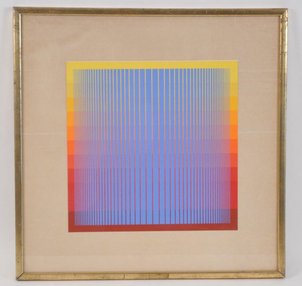 R. ANUSKIEWICZ PRINT: Richard Anuskiewicz ( American 1930 - Untitled,1969 Serigraph on paper Dimensions: Frame H 19" x W 18.5; Sight H11 7/8" x W 11 3/4" Condition: good Note: Lable J. Water Thompson Art Collection, New Yo