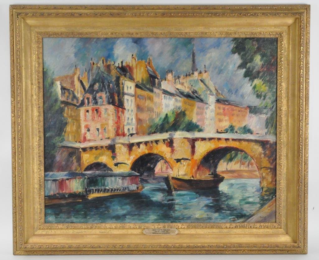 MAX KUEHNE (1880-1968) PAINTING: Oil on Canvas, signed lower right and dated 1920 verso. "Bridge Over The Siene, Paris" Dimensions: Frame: H 31.5" X W 37.5" Sight: H 23" X W 29.5" Condition: good, relined. Provenance: Hirschl & Adler