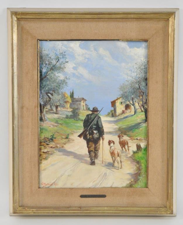 ALDO AFFORTUNATI (ITALIAN 1906-1990) PAINTING: Oil on canvas, depicting a hunter returning to his village with two dogs. Signed lower left. Dimensions: Frame: H 22" X W 18" Sight: H 16" X W 11.5" Condition: