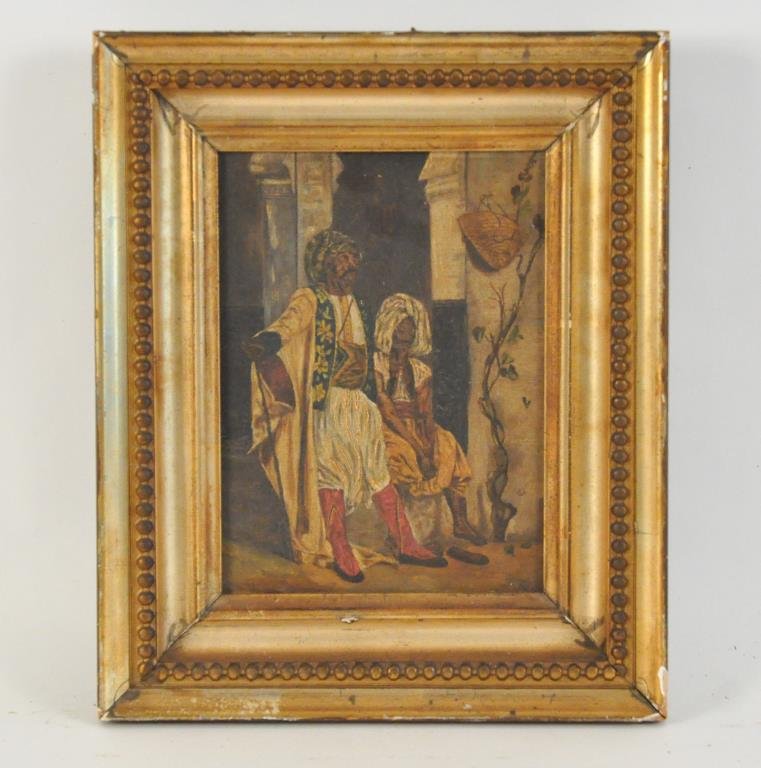 19TH CENTURY ORIENTALIST O/C: Untitled (a group of men standing and seating) Oil on canvas, unsigned Dimensions: Frame H 11 5/8" x W 9.5; Sight: H 8" x W 6" Condition: good, surface dirt, some chips and missing gold.
