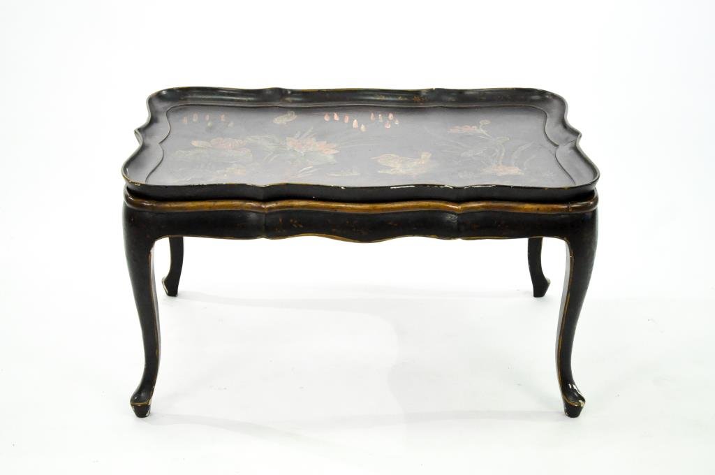 FRENCH LACQUERED TRAY ON STAND: Hand Painted, separate tray atop a stand table. Table may be used separately and is painted in the same manner as the tray. Dimensions: H 19" x W 34.5" x D 19" Condition: good, some surface scratches,