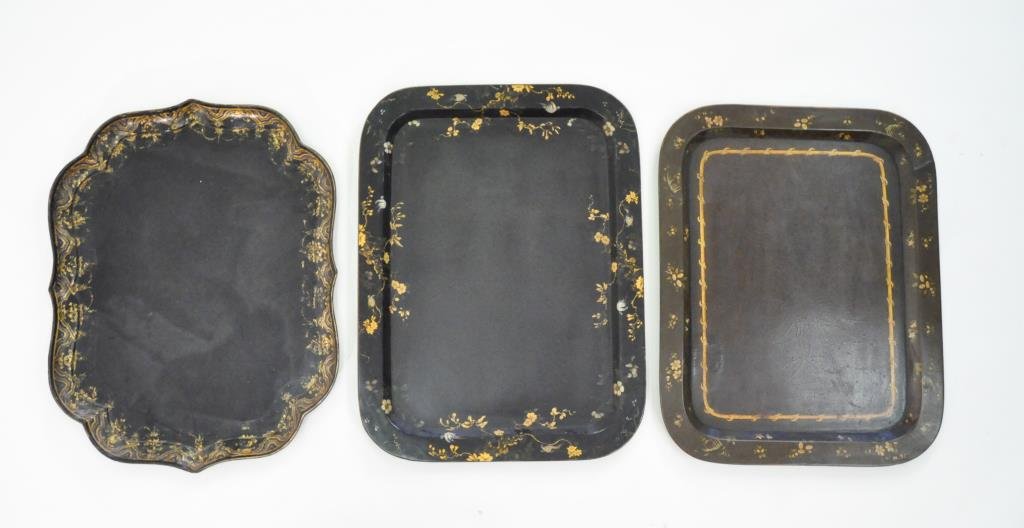GROUP OF 3 LACQUERED FRENCH TRAYS: Ca. 1920s, hand painted wood Dimensions: H 32" x W 23" largest Condition: good, some small losses to paint