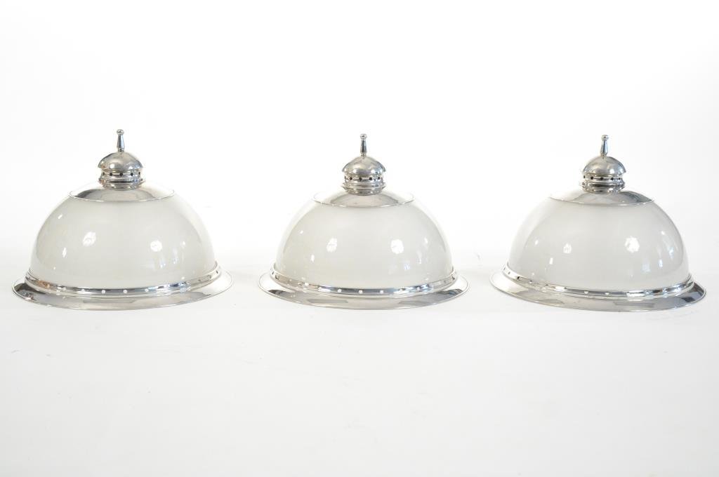 SET OF ITALIAN DOMED CEILING LIGHTS: Circa 1930s, nickel mounts and frosted glass. Dimensions: 9" H x 14" D Condition: Good, does need wiring and a sockets
