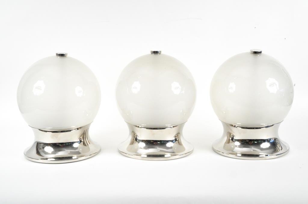 SET OF 3 ITALIAN GLASS NICKEL CEILING GLOBES: Dimensions: 12.5" H x 9" D Condition: Good needs wiring and socket