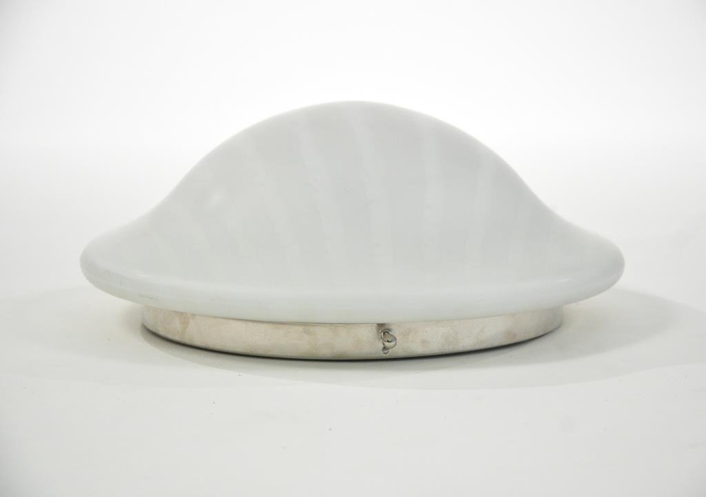 ITALIAN STRIPED WHITE GLASS CEILING FIXTURE: Dimensions: 7" Depth x 16" Diameter Condition: Good, needs wiring and socket