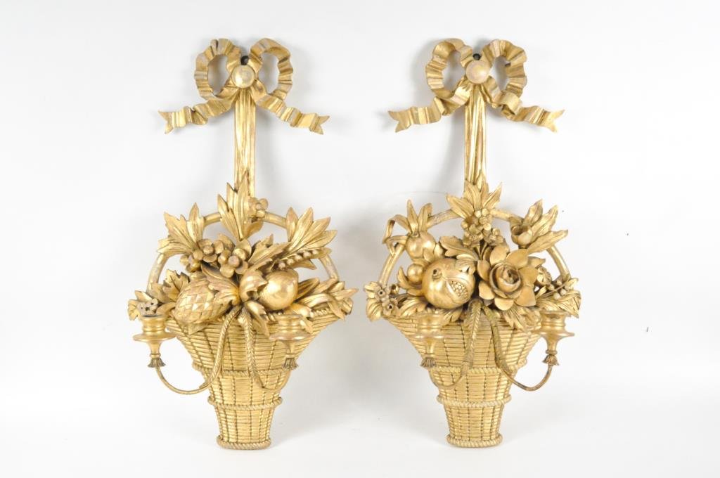 PAIR OF 19TH C. ENGLISH CARVED & GILT WALL LIGHTS: Carved and gilded basket design, from the Blair House, the oldest inhabited house in Scotland. Dimensions: H 26" x W 15" x D 6" Condition: Good, some loss and old repairs, needs rewiring.