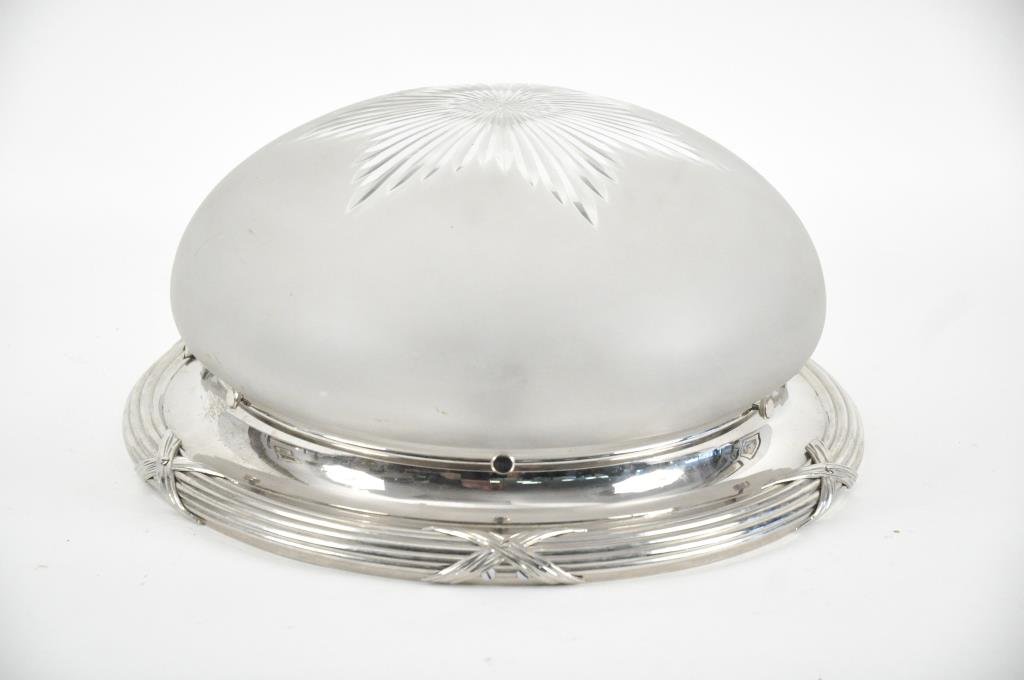 NICKEL & FROSTED CUT GLASS CEILING LIGHT: Dimensions: H 9" x D 18" Condition: Small chips to edges.