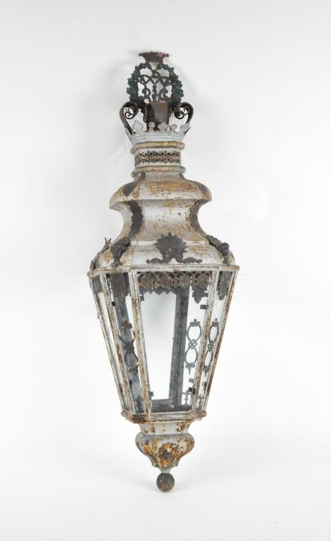 19TH C. FRENCH TOLE HANGING LANTERN: Crown at tip and shell motif Dimensions: H 35" x W 11" Condition: Some rust