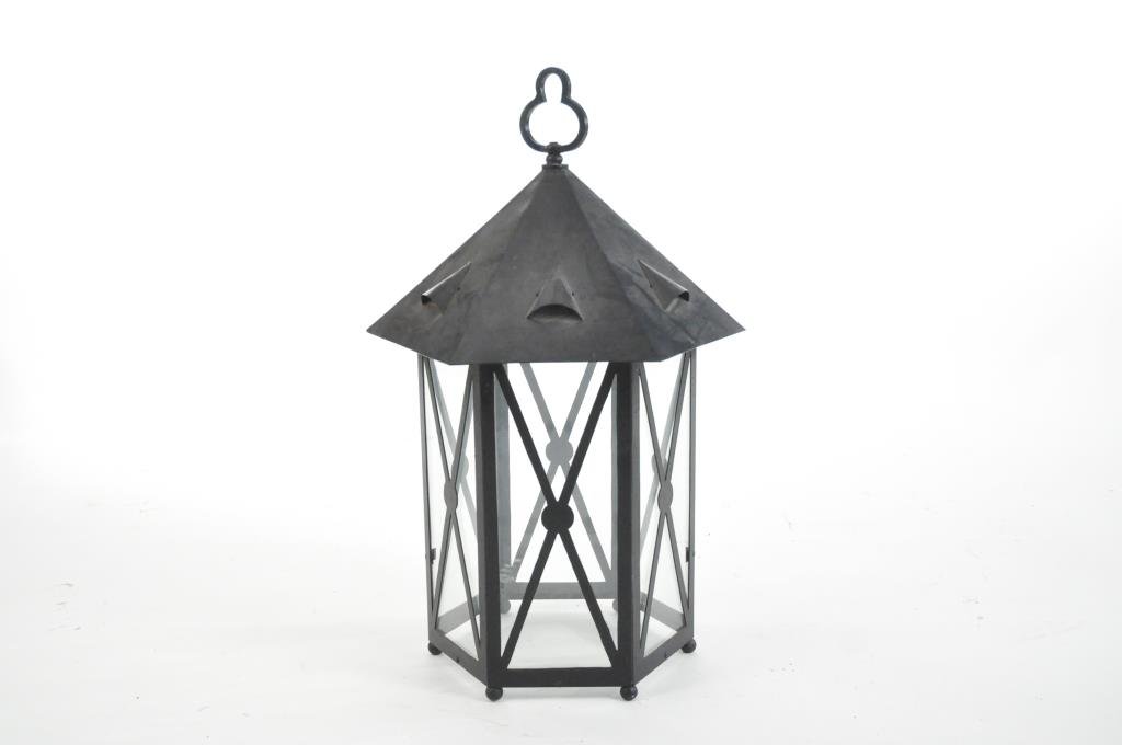 FRENCH LOUIS XVI TOLE PAINTED LANTERN: Iron Dimensions: H 26" x W 16" Condition: Good, chips to paint