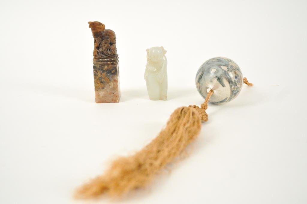 GROUP OF CHINESE HARDSTONE JADE & GLASS: Jade pendant, soapstone ox stamp, and reverse painted glass with grasshopper Dimension: Soapstone 3.5" H, Jade 2" Condition: Good