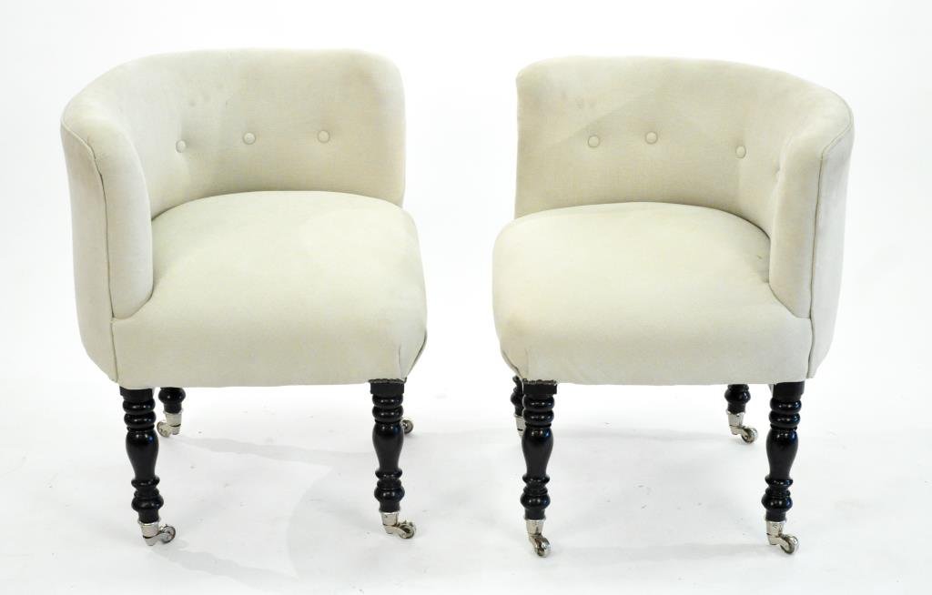 PAIR OF EBONIZED FRENCH CORNER CHAIRS: Dimensions: H 28" x W 25" x D 28" Condition: small stains to fabric, overall good