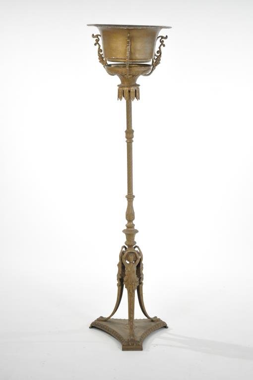 GOTHIC STYLE GILT METAL FLOOR PLANTER: with neoclassical ladies, flowers and scrolling. Dimensions: H 49" X D 13" Condition: Good