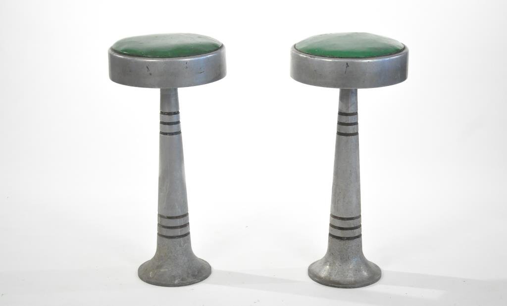 ART DECO ALUMINUM SWIVEL BAR STOOLS: Dimensions: H 27" x Diameter 12" Condition: Good, normal signs of use and age.