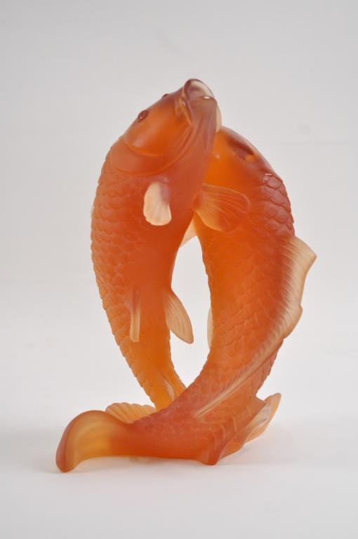 DAUM CRYSTAL DOUBLE FISH: "Goldne Carps" with certificate of authenticity. 303/800 Dimensions: H 10" x W 7" x D 7" Condition: good