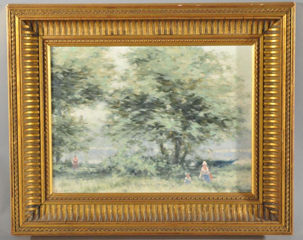 ANDRE (GITLELSON) GISSON (AMERICAN 1921-2003): Untitled (impressionist landscape with people)Oil on canvas, signed lower left and number on the back 312Dimensions (frame): H 13" x W 16"Dimensions (sight): H 9" x W 12"Condition: good, has a small t