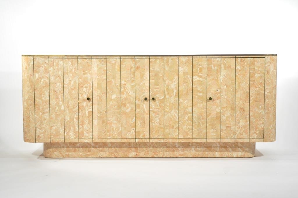 MAITLAND SMITH TESSELLATED MARBLE CABINET: Dimensions: H29.5 x W 72" x D 22"Condition: small repair to left corner, very minor