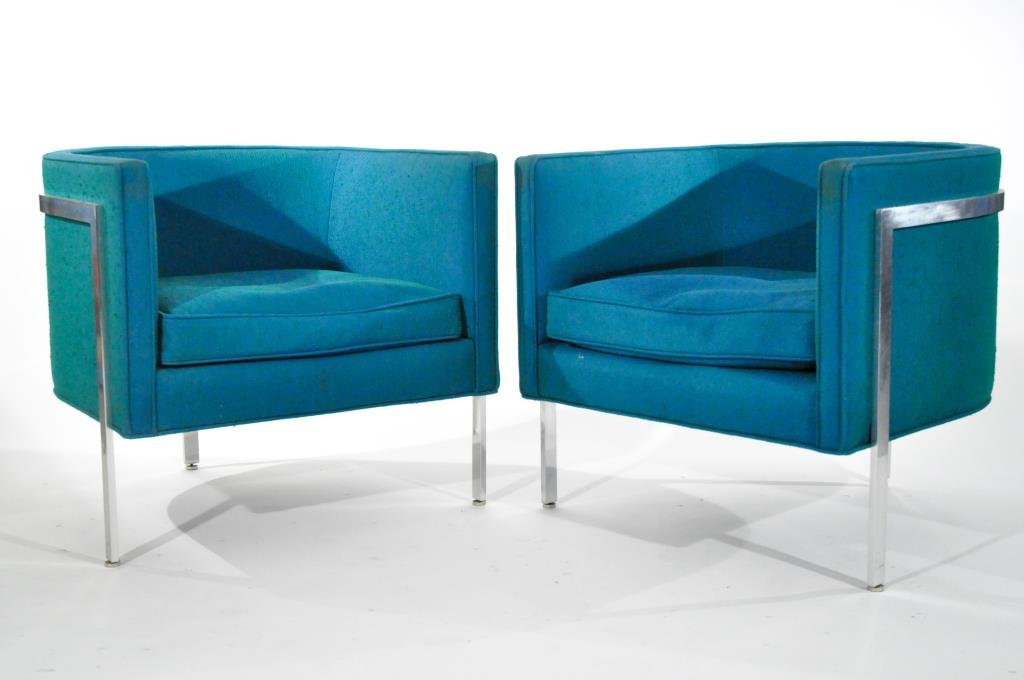 HARVEY PROBBER, PAIR OF BARREL LOUNGE CHAIRS: Circa 1960s, for Harvey Probber Inc, aluminum and upholstery. Triped.Dimensions: H 26.5" x W 28.75" x D 27.5Condition: Original covering is in very good condition. All feet intact. Foam is soft.