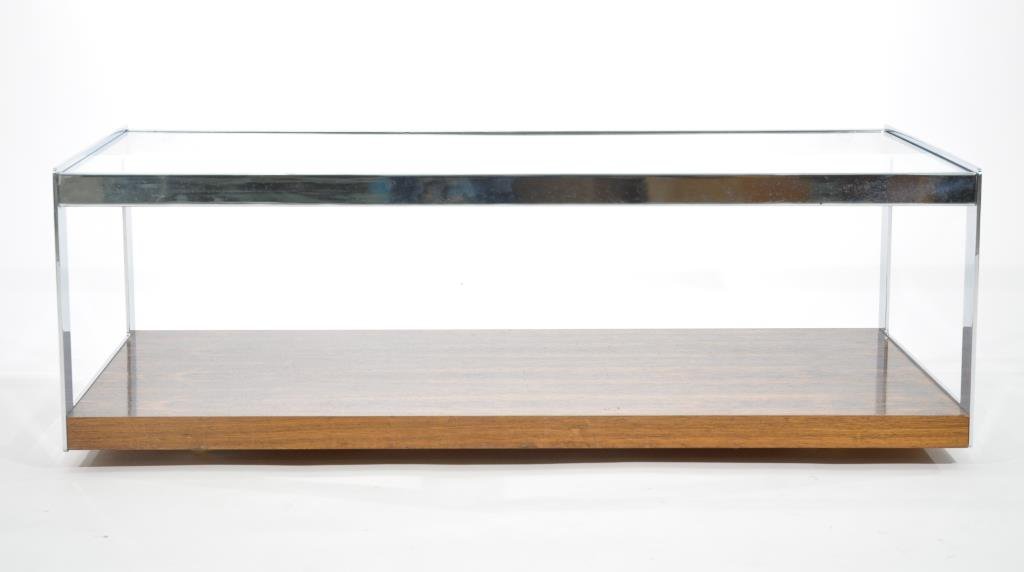 RICHARD YOUNG FOR MERROW ASSOCIATES COFFEE TABLE: Chrome and Rosewood Dimensions: H 16" x W 48" x D 22"Condition: Good