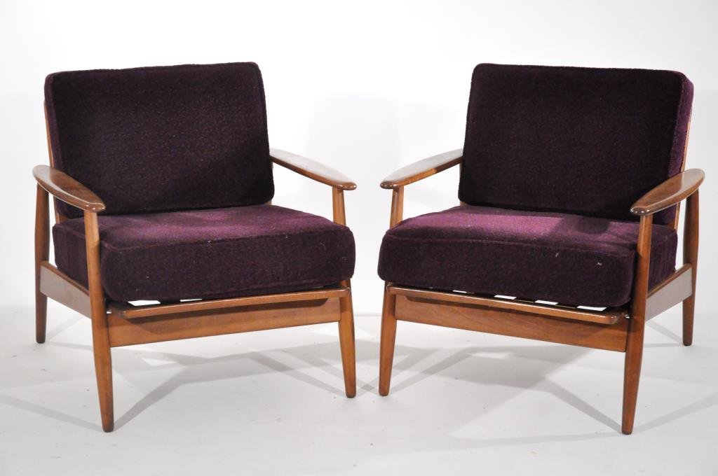 PAIR OF MID-CENTURY DANISH ARMCHAIRS: Denmark, circa 1960s, beech and upholsteryDimensions: H 28" x W 28" x D 28"Condition: New cushions. Overcoat to original finish. Good overall condition.