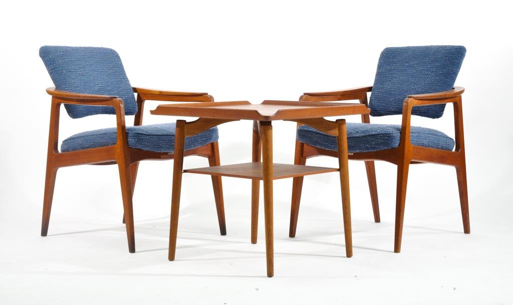 SIGVARD BERNADOTTE & ARNE VODDER SEATING SUITE: Circa 1960s, for France & Daverkosen, a pair of armchairs and a side table, sculpted teak, oak and upholstery. Various metal labels on chairs. Table is unmarked. Dimensions: Chair: H 33" x W 23" x D 2