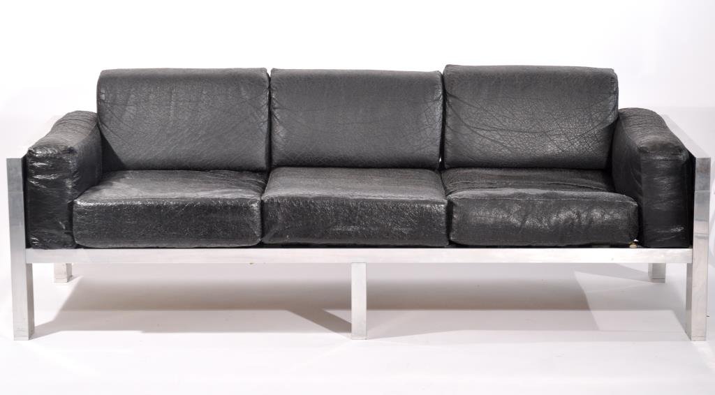 MID-CENTURY ALUMINUM FRAME LEATHER SOFA: Dimensions: H 29" x W 81.5" x D 33.5" Condition: good, leather has cracking