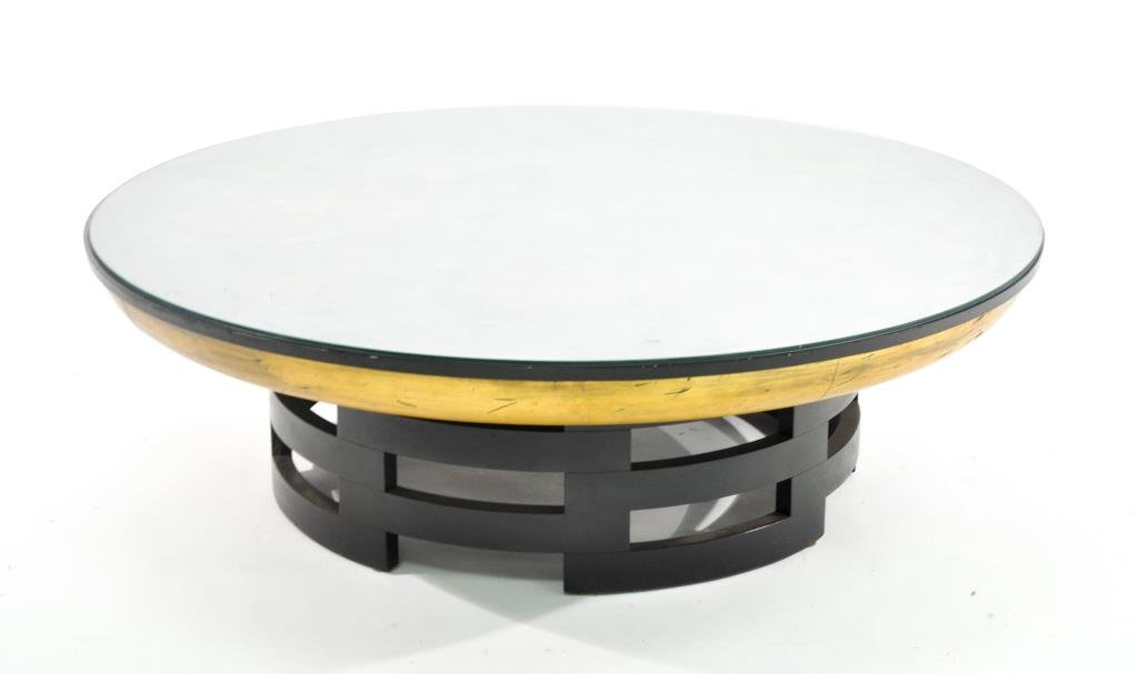 MULLER & BARRINGER FOR KITTINGER LOTUS TABLE: With glass topDimensions: H 15" x D 47.5"Condition: Good, well protected finish on top because of glass