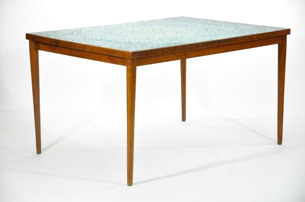 MID-CENTURY TEAK & MOSAIC GLASS TOP DINING TABLE: Dimensions: H 30" x W 56" x D 38.5"Condition: overall good, one leg is wobbly