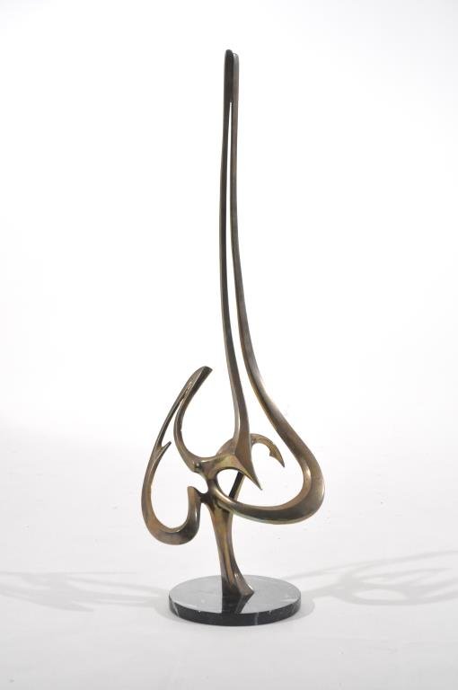 BOB BENNETT (AMERICAN 1928 - 2003) BRONZE: TALL ABSTRACT SCULPTURECirca 1980s, Carmel, CA, bronze and marble, signed and numberedDimensions: H 32.5" x W 12.5"Condition: Some darkening to the original patina. Good condition.