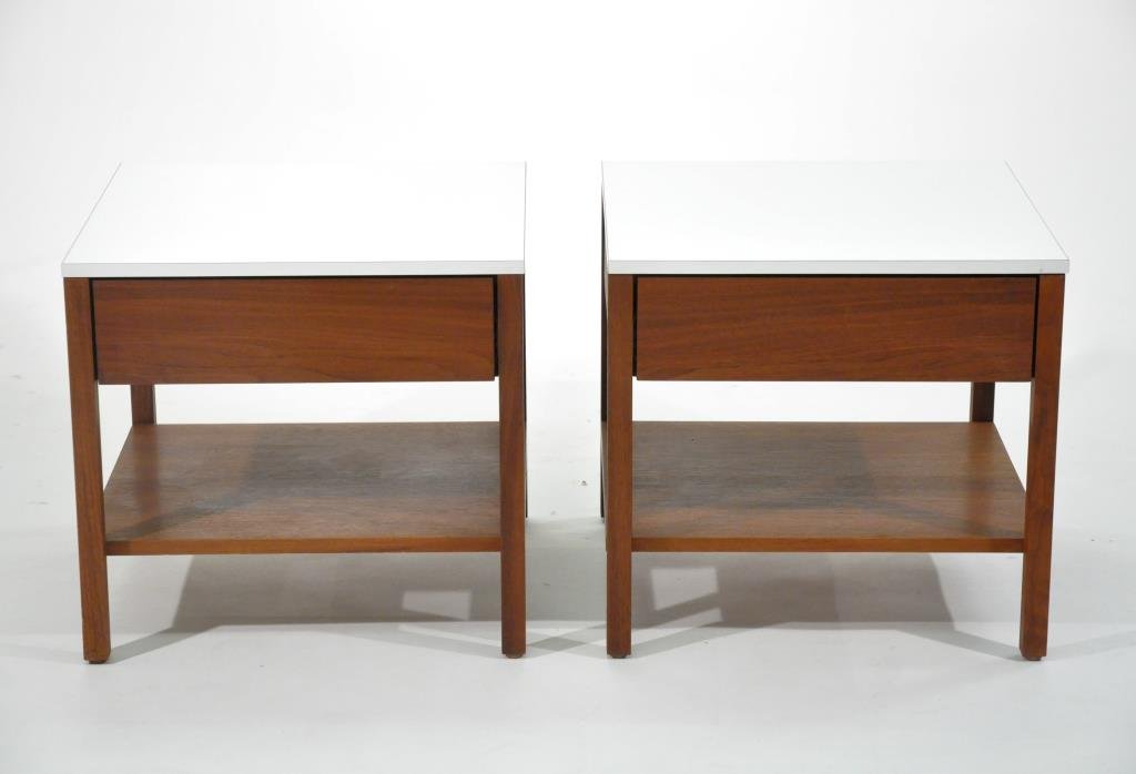 FLORENCE KNOLL, PAIR OF NIGHTSTANDS: For Knoll Associates, circa 1950s, walnut and laminate, manufacturers labelsDimensions: H 18.25 x W&D 19.5"Condition: Minor dents to legs. Very good original condition.