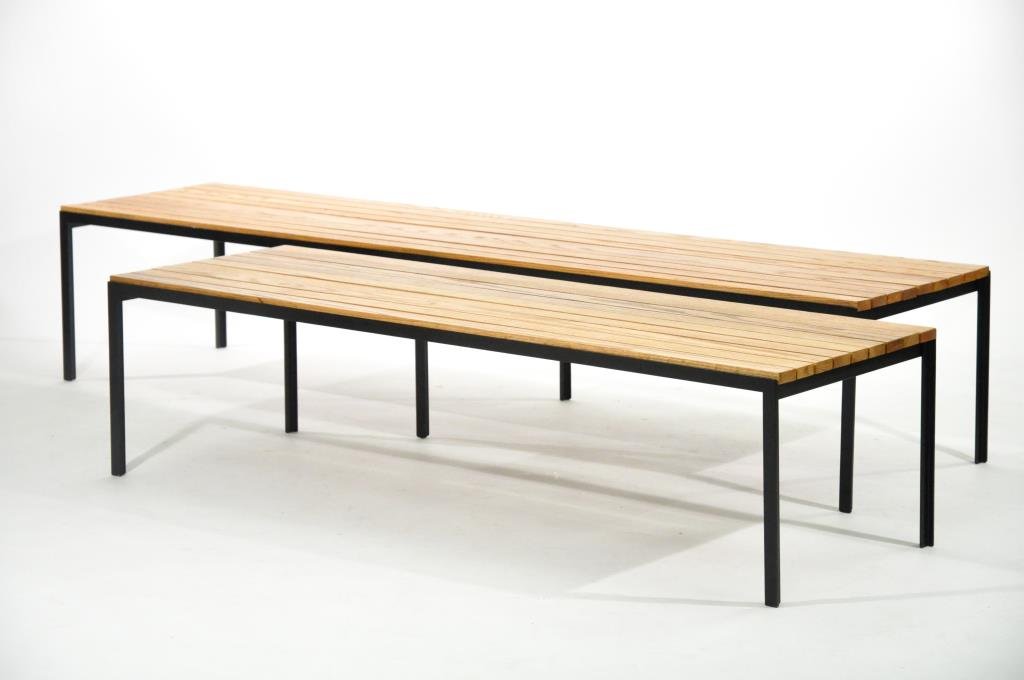 FLORENCE KNOLL (2) RARE T-ANGLE SLAT TABLES: Tables or benches, for Knoll Associates, circa 1950s, painted steel and oak, manufacturers labelsDimensions: Larger: H 16" x L80.5" x W 20" Smaller: H 16" x L 60" x W 20"Condition: Fully restored. Ver