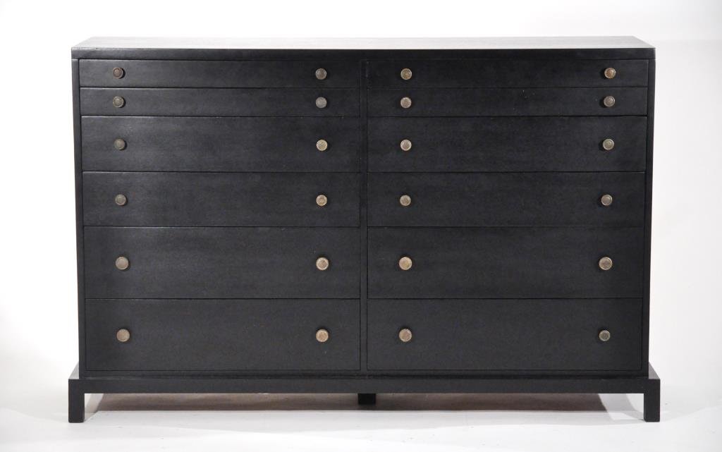 T.H. ROBSJOHN GIBBINGS LARGE DRESSER: Circa 1950s, for Widdicomb, Large Dresser of painted wood and brass, with manufacturers labelDimensions: H 44" x W 67" x D 21"Condition: Repainted. Drawers work well - some internal veneer damage to o