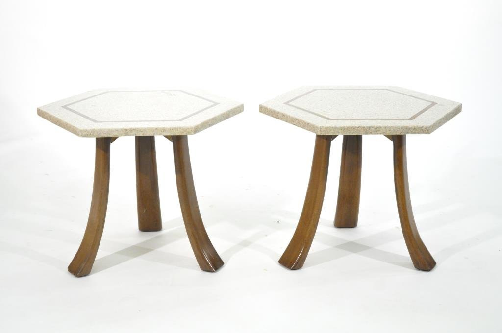 PAIR OF HARVEY PROBBER SIDE TABLES: For Harvey Probber Inc, circa 1950s, terazzo stone tops with brass inlay, on splayed mahogany legsDimensions: H 17.5" X D 19"Condition: Over coat to original finish on legs. Minor wear to tops. Very g