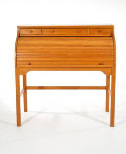 PETER LOVIG NIELSEN ROLL TOP TEAK DESK: Denmark, circa 1970s, for Hedensted Mobelfabrik, teak and leather. With manufacturers label to bottom.Dimensions: H 44.5" X w 44.25" x d 24"Condition: Minor scuffs and blemishes to teak. No breaks or