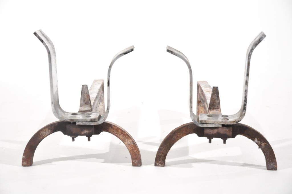 MID-CENTURY CHROME ANDIRONS: Dimensions: H 11.5" x W 10" x D 20"Condition: Rust to iron, some corrosion to chrome.