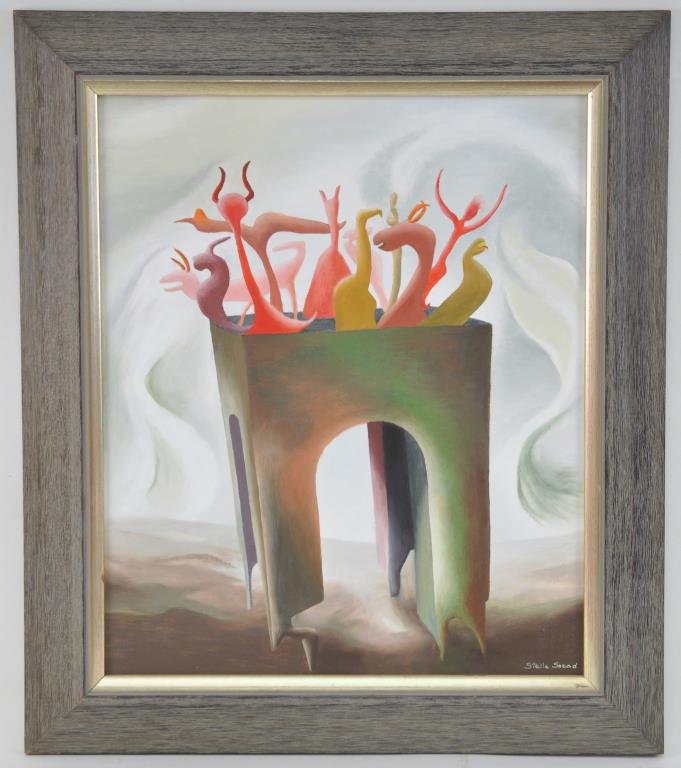 STELLA SNEAD (ENGLISH, 1910-2006) PAINTING: "Creatures on an Archway", c. 1948Oil on Canvas, signed lower rightDimensions: H 30" x W 30"Noted Surrealistic artist and associate of Leonora Carrington