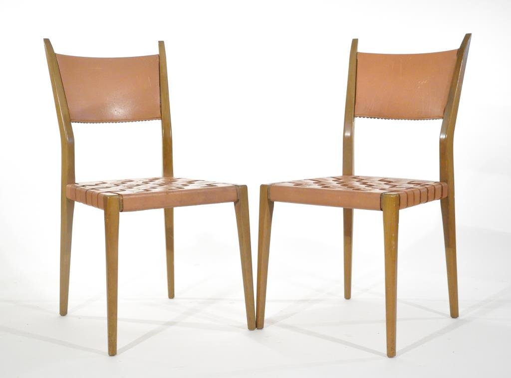 PAIR OF PAUL MCCOBB CALVIN BASKETWEAVE SIDE CHAIRS: Leather basket weaveDimensions: H 35.5" X W 18" X D 19"Condition: Small scratches to leather.