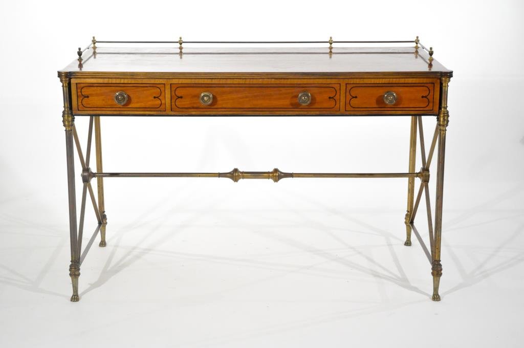 KITTINGER FRENCH EMPIRE STYLE DESK: Buffalo N.Y., circa 1940s, mahogany, ebony inlay, and brass, brandedDimensions: H 30.75" x W 46.75" x D 22"Condition: Minor scuffs to finish. Some dark patina to brass. Very good overall condition.