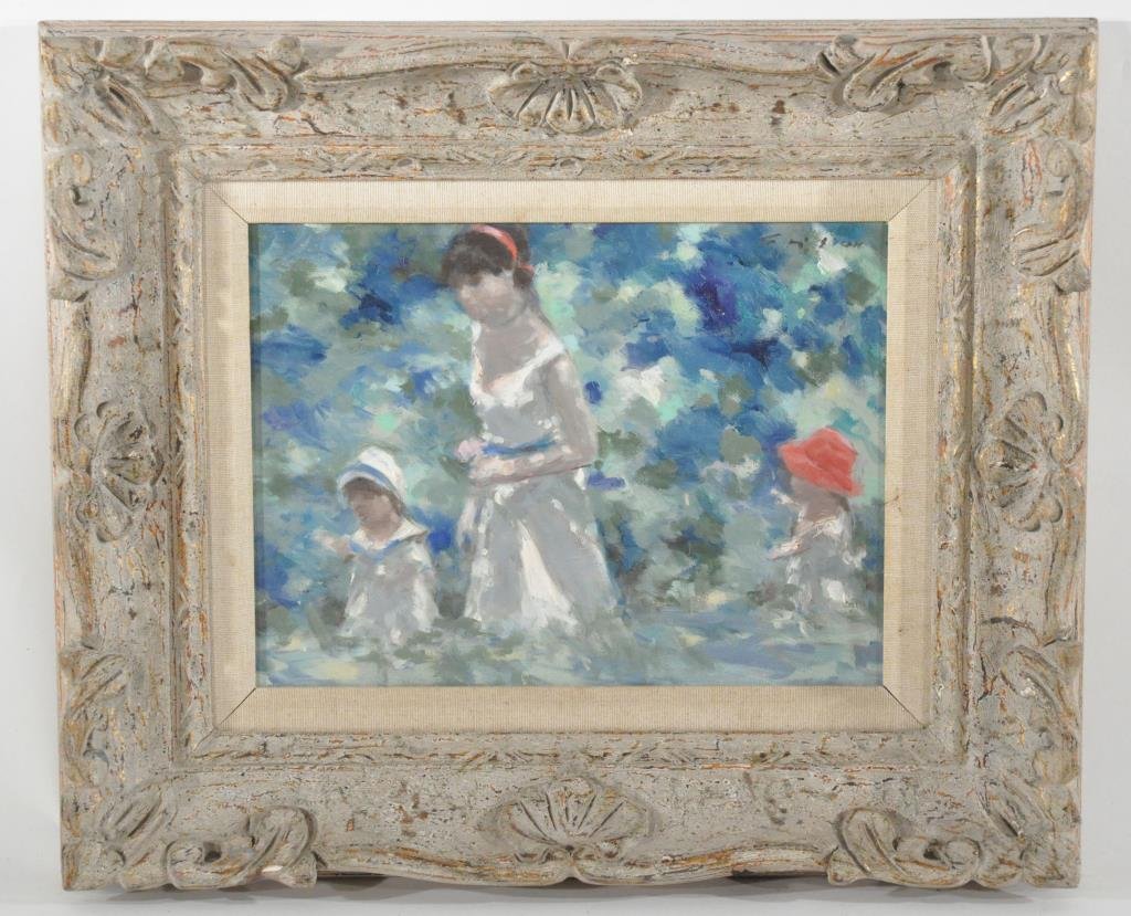 ANDRE (GITLELSON) GISSON (AMERICAN 1921-2003): Untitled ( Impressionist style - mother and two children walking in a forest) Oil on canvas, signed upper right, Dimension: Framed H 16" x W 19", canvas H 9" x W 12"Condition: good