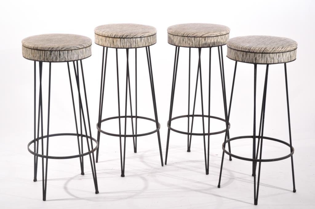 MID-CENTURY WROUGHT IRON BASE STOOLS: Dimensions: H 32" x Diameter 14"Condition: good, some paint and a tear to one stools fabric